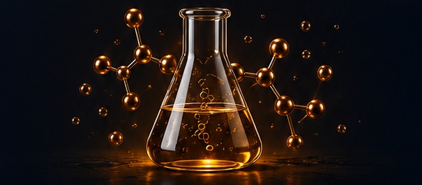 Golden laboratory flask surrounded by copper molecules