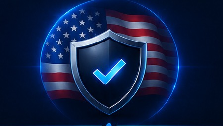 Shield with checkmark over a United States flag