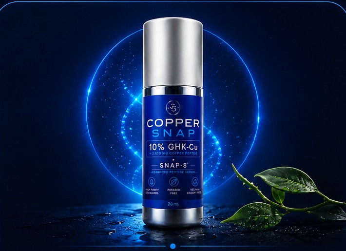 Copper Snap serum bottle with blue energy halo